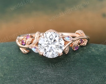 Lab Grown Diamond engagement ring Unique Leaf design Rose gold ring Twig Women ring Marquise cut Moonstone ring Amethyst ring Proposal ring