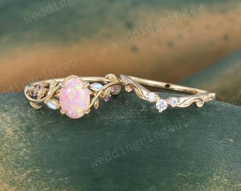 Oval cut Pink Opal Engagement ring set Vintage Twig engagement ring Leaf wedding ring set Moissanite ring Nature inspired Promise ring set