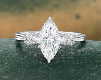 1CT Marquise cut Lab Grown Diamond engagement ring Vintage White gold IGI certified Diamond ring Leaf ring Nature Inspired Promise ring