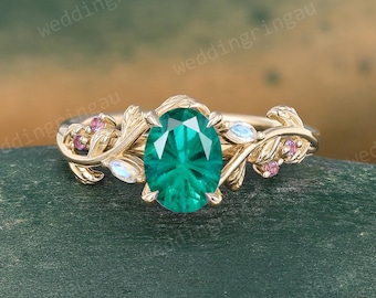 Unique Oval Firework cut Emerald engagement ring Yellow Gold Leaf Moonstone ring Amethyst ring Nature inspired Twig ring Gift