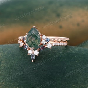 Pear shaped moss agate engagement ring set Vintage Rose gold Bridal ring set Marquise cut alexandrite Curved wedding ring promise ring set image 4