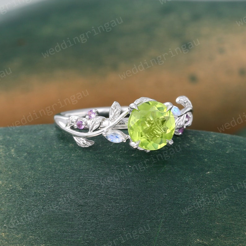 Round cut Peridot ring Unique White gold Natural Peridot engagement ring Twig leaf ring Marquise cut moonstone amethyst ring Promise ring image 1