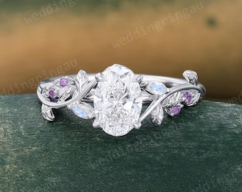 1CT Oval cut IGI Certified Lab Grown Diamond engagement ring Unique Leaf white gold ring Moonstone &Amethyst wedding ring Proposal gift