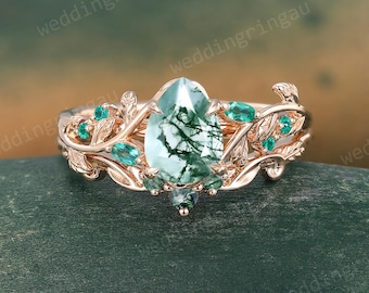 Pear shaped Moss agate engagement ring set Vintage Rose gold Emerald Leaf ring nature inspired ring bridal promise wedding ring set women