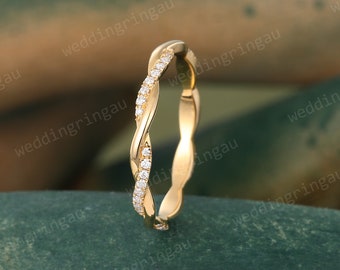 Unique Twisted Shank Wedding Band Yellow Gold Moissanite Matching Stacking Ring Full Eternity Bridal Wedding band Infinity band promise ring