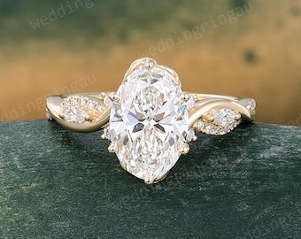 2CT Oval Cut Lab Grown Diamond Engagement Ring Yellow Gold Twisted Vine Ring Marquise cut Diamond Bridal Ring Promise Ring for Women