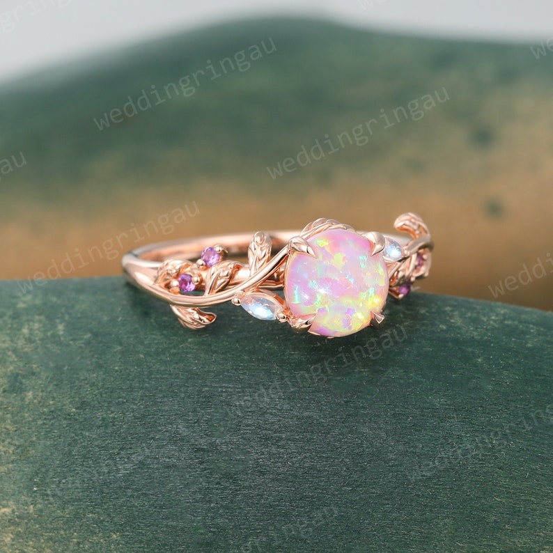 Round cut Pink Opal ring Vintage Rose gold Leaf engagement ring Marquise cut Moonstone ring Amethyst ring Nature inspired Twig ring Gift image 1
