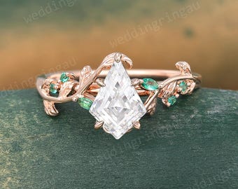 Kite cut Moissanite engagement ring Unique Rose gold ring Marquise cut Emerald Leaf ring Art deco Branch ring Vintage Bridal Promise ring