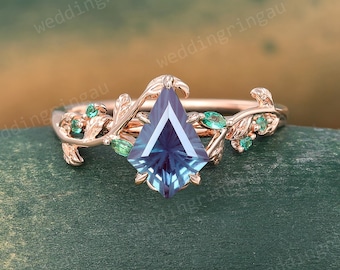 Kite Firework cut Alexandrite Engagement Ring Dainty Rose Gold Ring Marquise cut Emerald Ring Unique Bridal Branch Twig Wedding Promise Ring