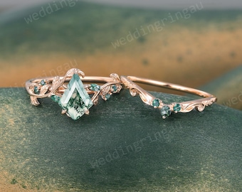 Kite cut Moss Agate Engagement Ring Set Unique Rose gold Leaf Branch Bridal set Nature inspired wedding Promise Anniversary ring for her