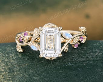 1.5CT Emerald Cut Lab Grown Diamond Ring Yellow Gold Branch Vine Engagement Ring Marquise cut Moonstone Ring wedding ring Promise Gift