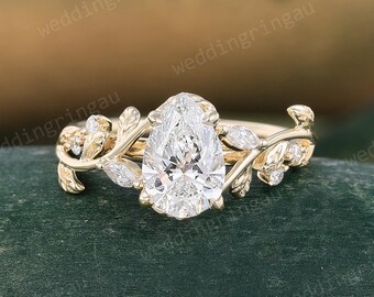 1CT Pear shaped Lab Grown Diamond Engagement Ring Unique Yellow Gold Leaf Design Ring Nature Inspired Ring Anniversary Promise Gift
