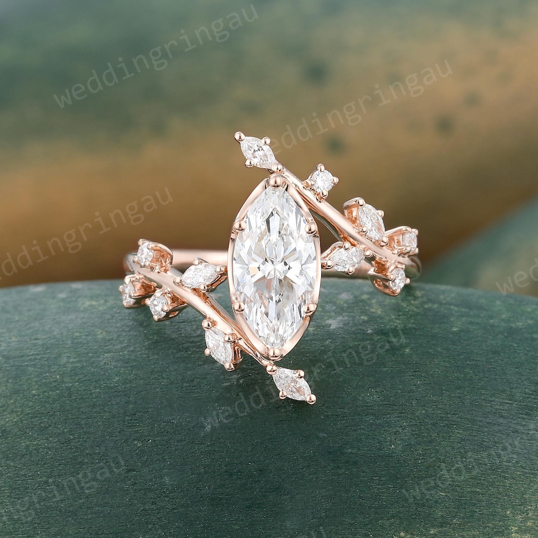 Marquise Lab Grown Diamond Engagement Ring Unique Rose Gold Leaf Branch ...