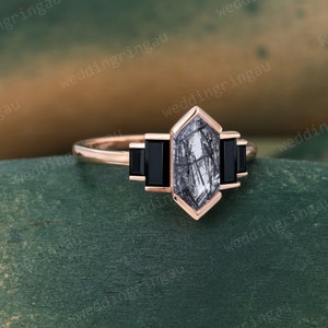 Hexagon cut Black rutilated quartz ring Unique gemstone engagement ring Vintage Rose gold ring Baguette cut Black onyx ring promise ring image 4
