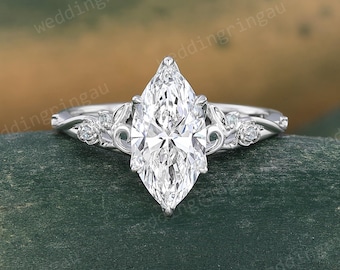 2CT Marquise cut IGI certified Lab Grown Diamond engagement ring White gold leaf &rose Blue Topaz ring Art deco Promise Anniversary ring