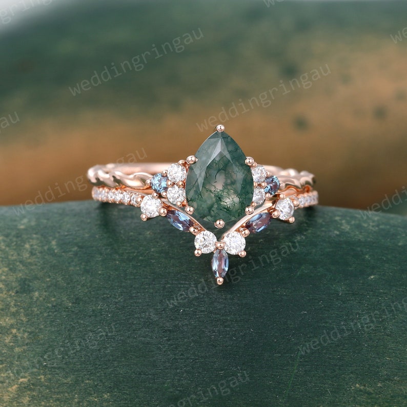 Pear shaped moss agate engagement ring set Vintage Rose gold Bridal ring set Marquise cut alexandrite Curved wedding ring promise ring set image 5