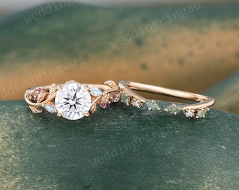 Round cut Moissanite Engagement ring set Vintage rose gold Moonstone& Amethyst Bridal ring set curved wedding Promise anniversary gift