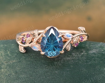 Unique Pear shaped Firework cut Alexandrite engagement ring Rose Gold Leaf Moonstone ring Amethyst ring Nature inspired Twig ring Gift