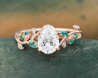 Pear shaped Lab Grown Diamond engagement ring Unique Rose gold Teardrop Diamond ring Leaf Marquise cut Emerald ring Art deco Promise ring