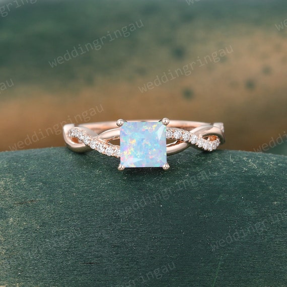 Princess Cut Opal Ring Vintage Rose Gold Lab Opal Engagement Ring Moissanite Pave Ring Infinity Ring Diamond Twist Ring Bridal Promise Ring Etsy