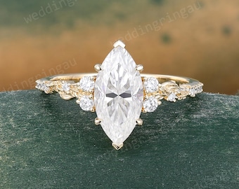 Marquise cut Moissanite Engagement Ring Vintage Half Eternity Yellow Gold Leaf Ring Nature Inspired Ring Promise Anniversary wedding gift