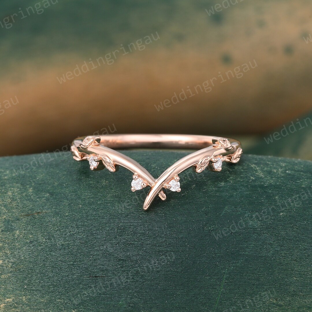 Diamond Curved Wedding Band Rose Gold Leaf Wedding Ring Nature Inspired