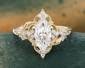 1.5CT Marquise Cut Lab Grown Diamond Engagement Ring Unique Milgrain ring Yellow Gold Leaf Design Ring Nature Inspired Ring Anniversary Gift