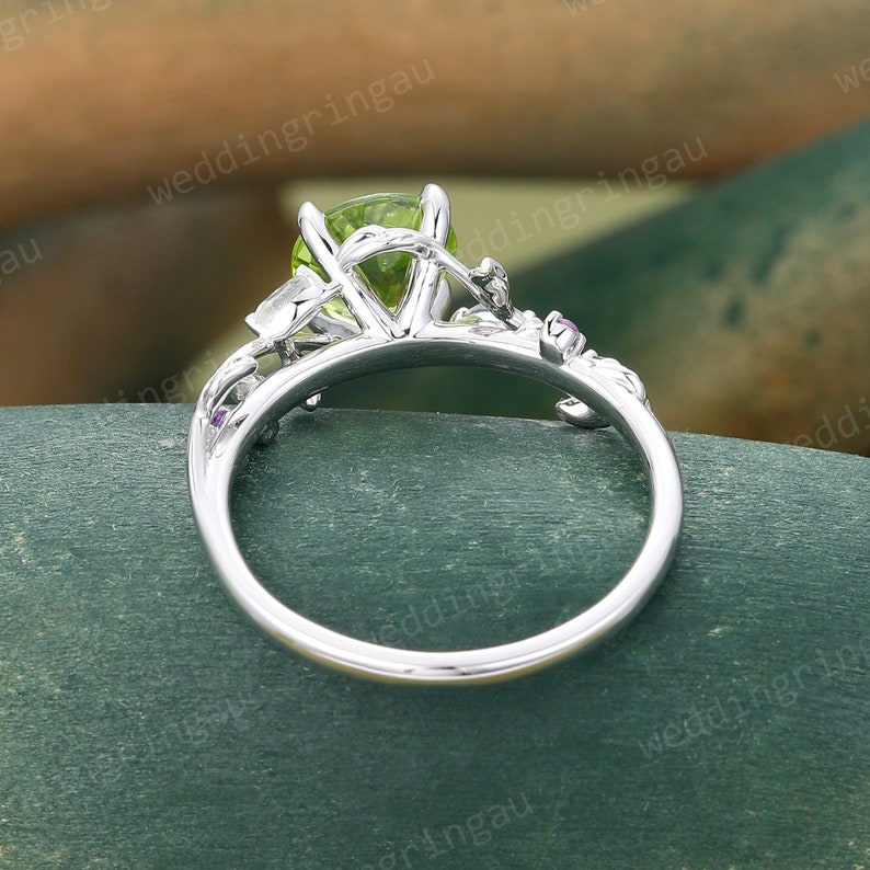 Round cut Peridot ring Unique White gold Natural Peridot engagement ring Twig leaf ring Marquise cut moonstone amethyst ring Promise ring image 5