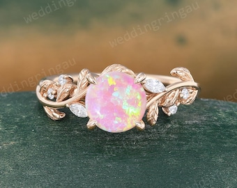 Round cut Pink Opal engagement ring Vintage Rose gold Leaf Marquise cut moissanite wedding ring Nature inspired Twig ring promise Gift