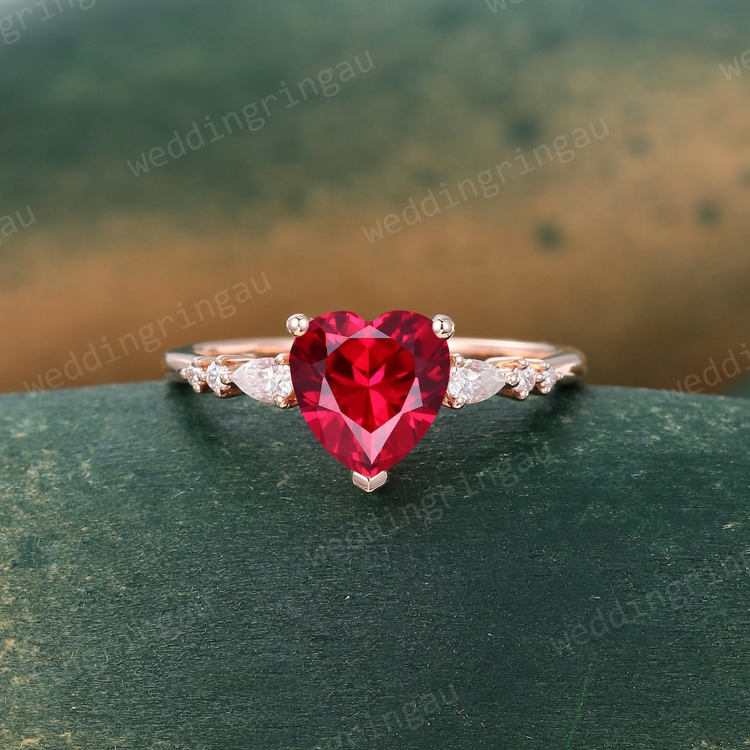Heart Shaped Ruby Engagement Ring Vintage Rose Gold Ring Pear Cut ...