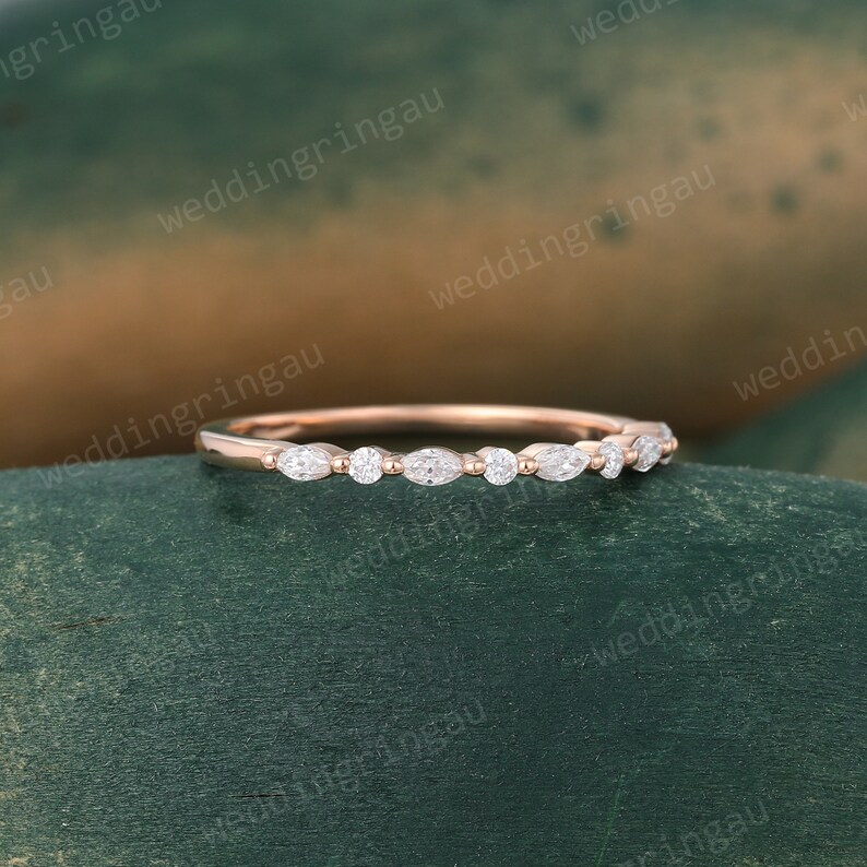 Marquise Cut Moissanite Wedding Band Dainty Rose Gold Round Cut Ring ...