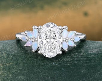 Oval Lab Grown Diamond Engagement Ring Unique Solid White Gold Marquise Cut Natural Opal Wedding Ring Cluster Promise Ring Gift for Her