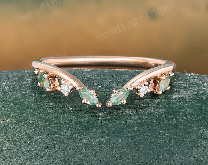 Featured listing image: Marquise cut Moss agate Wedding Band Unique Rose gold Moissanite Curved Wedding Band Vintage Art deco Bridal Open Stacking ring Promise ring