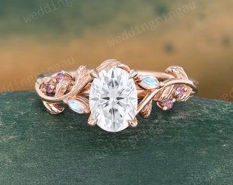 Oval cut Moissanite engagement ring Unique Rose gold Leaf engagement ring Marquise cut Moonstone Amethyst ring Art deco Promise ring gift