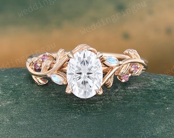 Oval cut Moissanite engagement ring Unique Rose gold Leaf engagement ring Marquise cut Moonstone Amethyst ring Art deco Promise ring gift