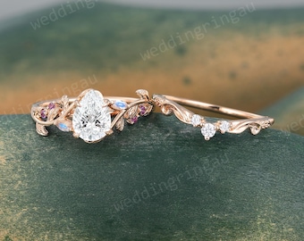 1CT Pear shaped Lab Grown Diamond Engagement Ring Set Vintage Twig engagement ring Leaf Moonstone ring set Nature inspired Promise ring set