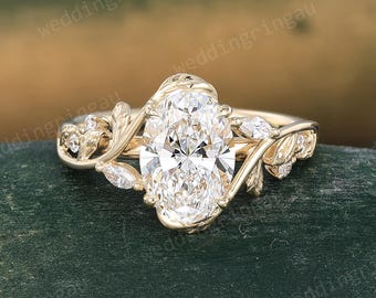 1.5CT Oval cut Lab Grown Diamond engagement ring Unique Yellow gold IGI certified ring Leaf Marquise cut Diamond ring Art deco Promise ring