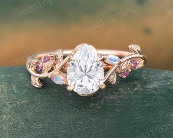 Pear shaped Moissanite ring Unique Rose gold Leaf engagement ring Marquise cut Moonstone ring Amethyst ring Nature inspired Twig ring Gift