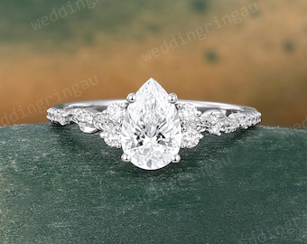 1CT Pear shaped Lab Grown Diamond Engagement Ring Unique Half Eternity White Gold Leaf Design Ring Nature Inspired Ring Anniversary Gift