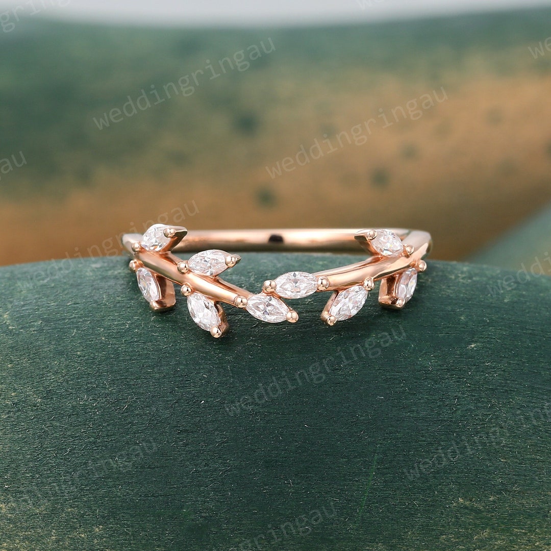 Marquise Cut Moissanite Curved Wedding Band Unique Rose Gold Diamond ...