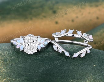 1.5CT Oval cut Lab Grown Diamond Engagement Ring Set Cluster White Gold Marquise Cut Natural Opal Wedding Ring Promise Anniversary ring