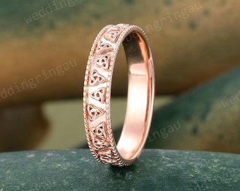 Celtic Trinity Knot Wedding Band Vintage Plain Rose Gold Mens Women Wedding Ring Art Deco Milgrain Stacking Anniversary Band