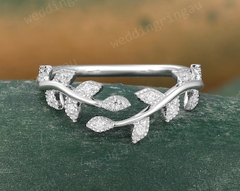 Moissanite Curved Wedding Band Unique white gold Leaf Stacking ring Round cut ring Art deco Bridal Milgrain Ring Promise anniversary gift