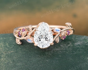 1CT Pear shaped IGI Certified Lab Grown Diamond engagement ring Unique Leaf rose gold ring Moonstone &Amethyst wedding ring Proposal gift