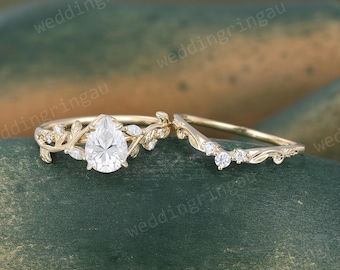 Pear shaped Moissanite Engagement Ring Set Vintage Yellow gold leaf wedding ring set Nature inspired Promise Anniversary gift for her