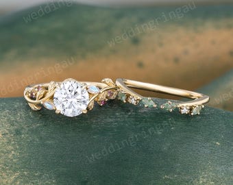 Round cut lab grown diamond Engagement ring set yellow gold Moonstone& Amethyst Bridal ring set curved wedding Promise anniversary gift