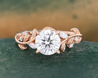 Round cut Moissanite engagement ring Unique Rose gold Leaf wedding ring Marquise cut Moissanite ring Art deco Promise anniversary gift
