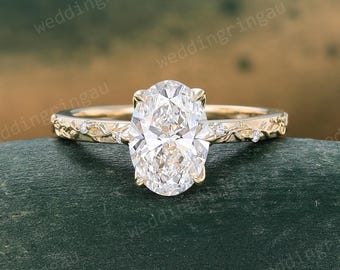 1.5CT Oval Cut Lab Grown Diamond Engagement Ring 14K Yellow Gold Nature Inspired Vine Leaf Ring Delicate Twig Branch Wedding Ring for Women