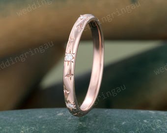 Starburst Round Diamond Wedding Band Dainty Minimalist Rose Gold Celestial Ring Stacking Matching Band Promise Anniversary Ring Gift