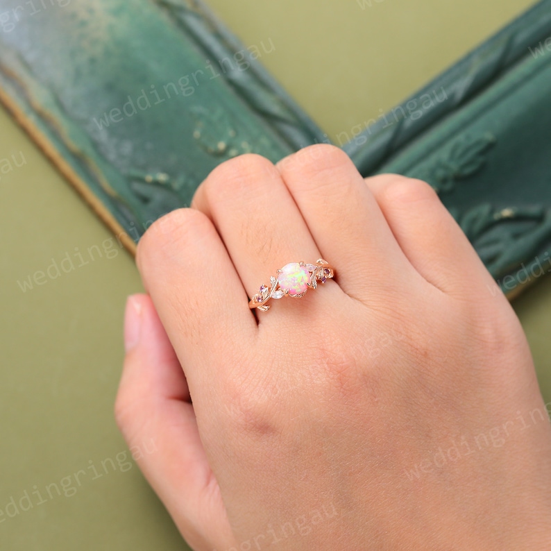 Round cut Pink Opal ring Vintage Rose gold Leaf engagement ring Marquise cut Moonstone ring Amethyst ring Nature inspired Twig ring Gift image 5